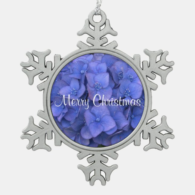 Pretty Close-up Blue Hydrangea Floral on Snowflake Snowflake Pewter Christmas Ornament (Front)