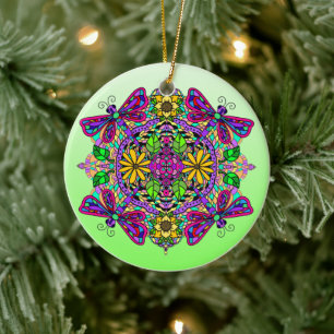 Pretty Colorful Dragonfly Mystical Mandala Ceramic Tree Decoration
