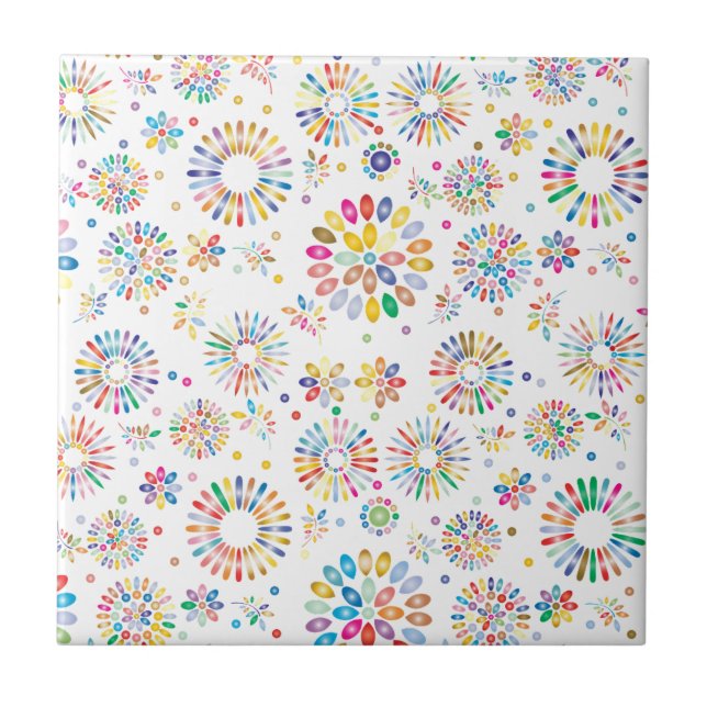 Pretty Colorful Flowers Circles Pattern on White Tile (Front)