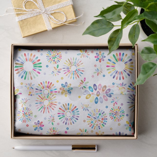 Pretty Colorful Flowers Circles Pattern on White Tissue Paper (Gift)