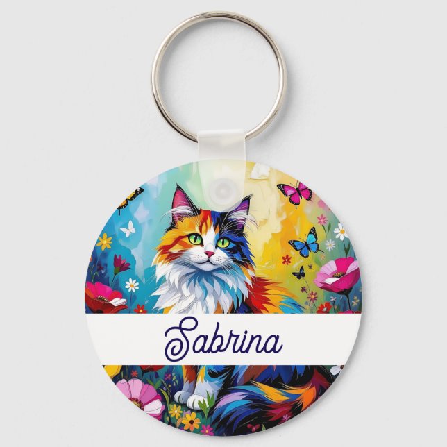 Pretty Colorful Impasto Cat and Flowers Key Ring (Front)