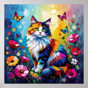 Pretty Colorful Impasto Cat and Flowers Poster