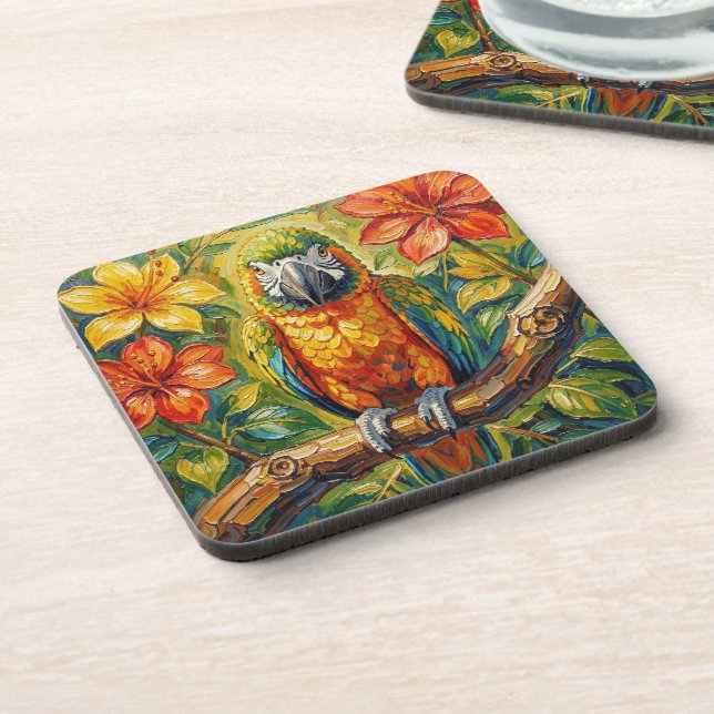 Pretty Colorful Impasto Parrot and Tropical Flower Coaster (Left Side)
