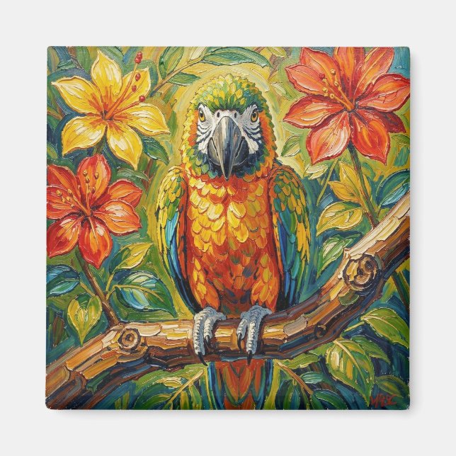 Pretty Colorful Impasto Parrot and Tropical Flower Magnet (Front)