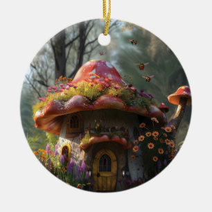 Pretty colorful mushroom house ceramic tree decoration