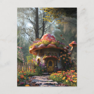 Pretty colorful mushroom house postcard