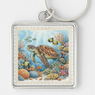 PRETTY COLORFUL SEA TURTLE AND TROPICAL FISH KEY RING