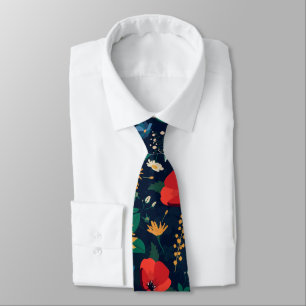 Pretty Colorful Wild Flowers Navy Blue Design Tie