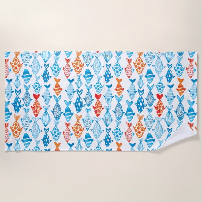 Pretty Coloured Fish Blue Red Beach Towel (Front)