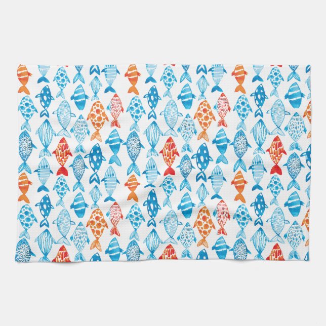 Pretty Coloured Fish Blue Red Tea Towel (Horizontal)