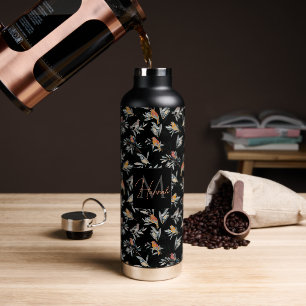 Pretty Colourful Birds Leaves Vintage Black Design Water Bottle