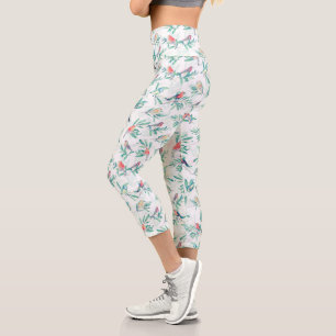 Pretty Colourful Birds Leaves Vintage White Design Capri Leggings