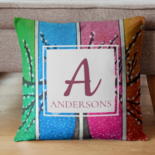 Pretty Colourful Blue Green Orange Pink | Monogram Cushion (Pretty Colorful Blue Green Orange Pink | Monogram Throw Pillow)