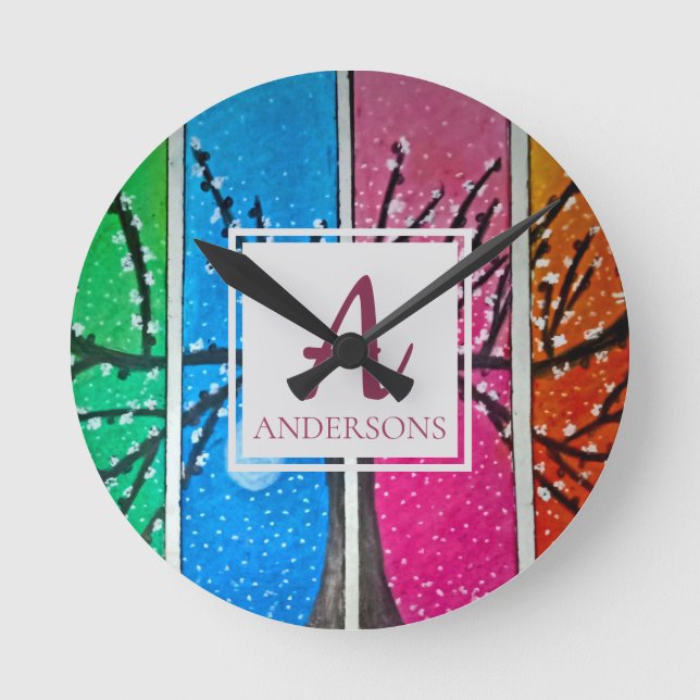 Pretty Colourful Blue Green Orange Pink | Monogram Round Clock (Front)