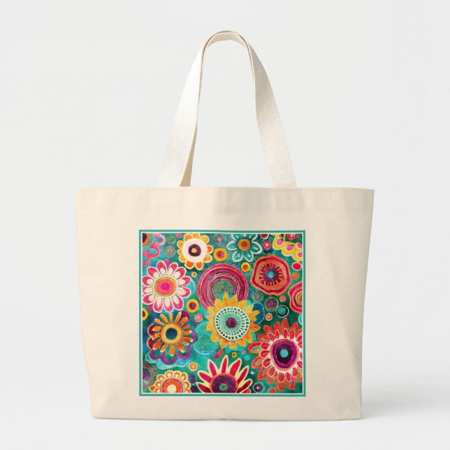 Pretty Colourful Boho Floral Pattern Large Tote Bag (Front)