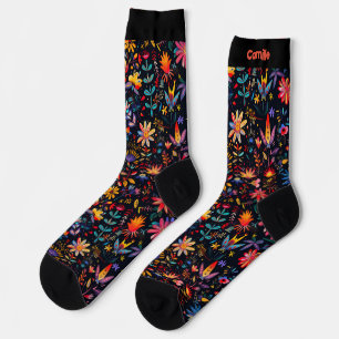 Pretty Colourful Botanical Art Midnight Name Custo Socks