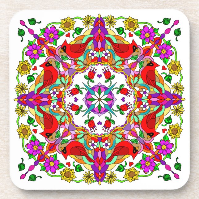 Pretty Colourful Cardinals and Flowers Coaster (Front)