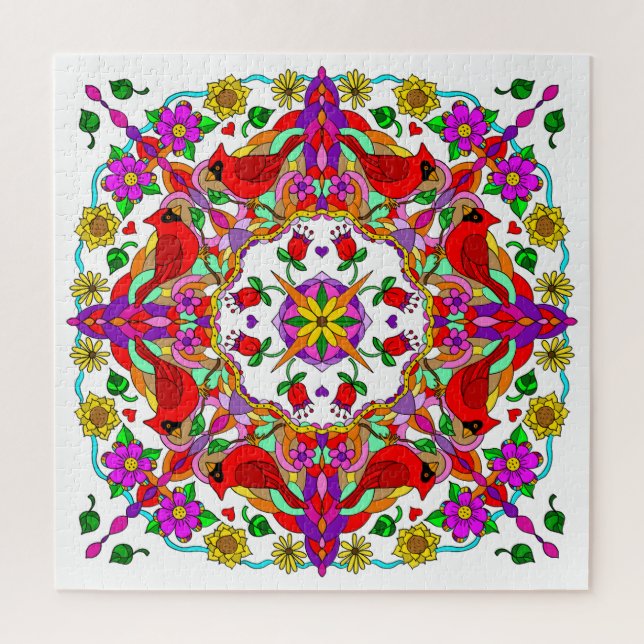 Pretty Colourful Cardinals and Flowers Mandala   Jigsaw Puzzle (Vertical)