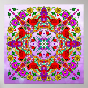 Pretty Colourful Cardinals and Flowers Mandala  Poster