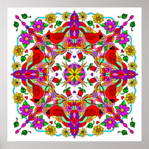Pretty Colourful Cardinals and Flowers Mandala   Poster