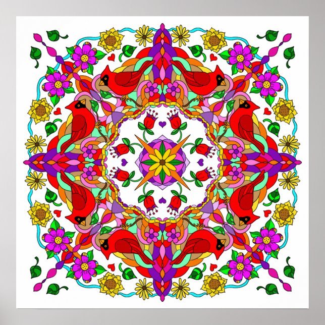 Pretty Colourful Cardinals and Flowers Mandala   Poster (Front)