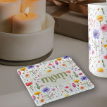 Pretty Colourful Country Wildflowers Modern Mum Glass Coaster<br><div class="desc">Coaster for mum with colourful wildflower pattern and bold modern green lettering on a soft green background,  The design features pretty wild flowers with "mum" lettered in ornate typography. Please browse my Mother's Day Wildflower Collection for more flowery cards and gifts.</div>