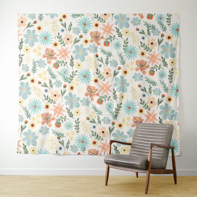 Pretty Colourful Ditsy Floral White Design Tapestry (In Situ (Horizontal))