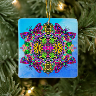 Pretty Colourful Dragonfly Mystical Mandala Cera Ceramic Ornament