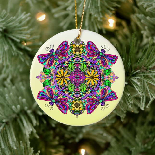 Pretty Colourful Dragonfly Mystical Mandala    Ceramic Tree Decoration (Tree)