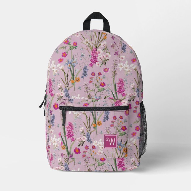 Pretty Colourful Floral Pattern Light Purple Printed Backpack (Front)