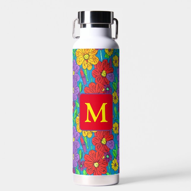 Pretty Colourful Floral Pattern Monogrammed Water Bottle (Front)