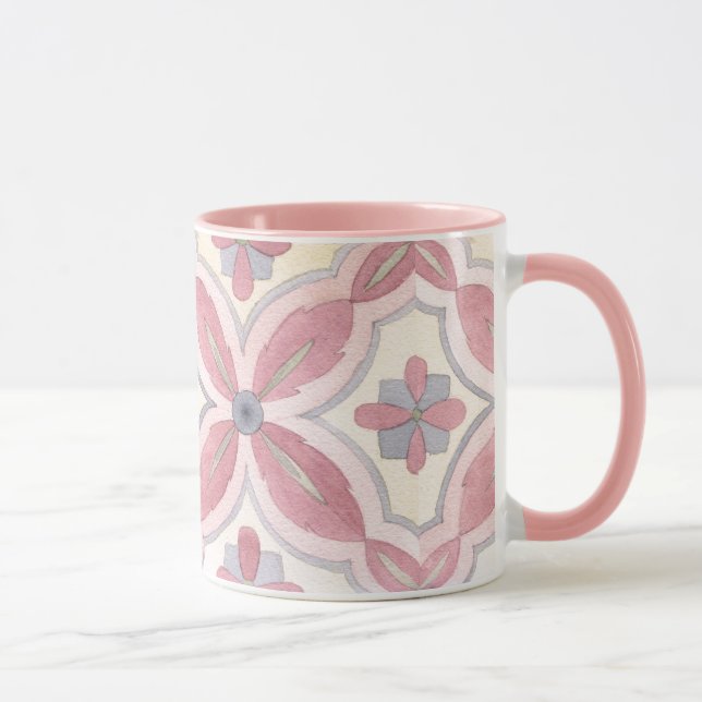 Pretty colourful floral Tile pattern pink and blue Mug (Right)