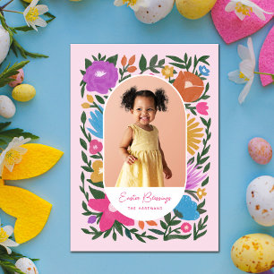 Pretty Colourful Florals Oval Frame Photo Easter Holiday Card