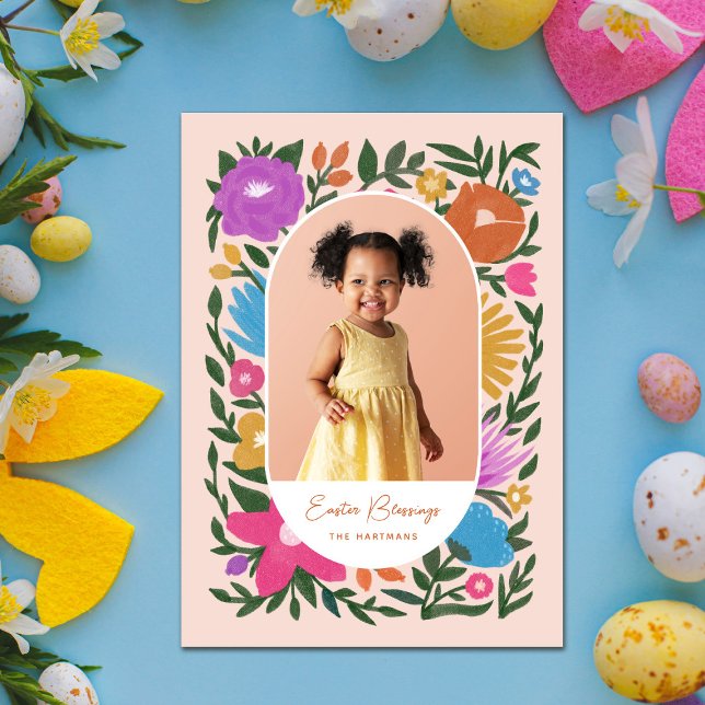Pretty Colourful Florals Oval Frame Photo Easter Holiday Card (Creator Uploaded)