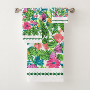 Pretty colourful flower garden Femenine geen pink Bath Towel Set