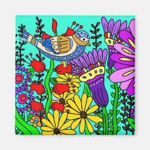 Pretty Colourful Folk Art Style Bird and Flowers Magnet