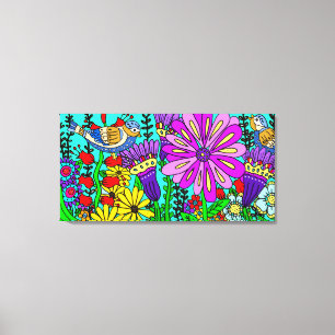 Pretty Colourful Folk Art Style Bird and Flowers P Canvas Print