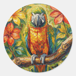 Pretty Colourful Impasto Parrot and Tropical Flowe Classic Round Sticker