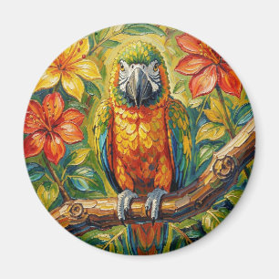 Pretty Colourful Impasto Parrot and Tropical Flowe Magnet