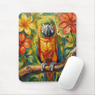 Pretty Colourful Impasto Parrot and Tropical Flowe Mouse Pad