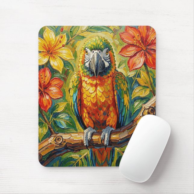 Pretty Colourful Impasto Parrot and Tropical Flowe Mouse Pad (With Mouse)