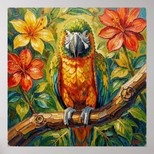 Pretty Colourful Impasto Parrot and Tropical Flowe Poster