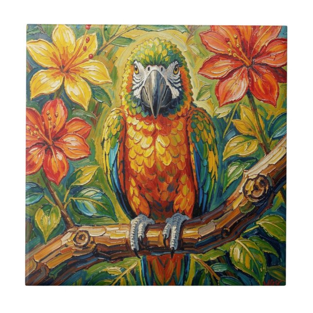Pretty Colourful Impasto Parrot and Tropical Flowe Tile (Front)