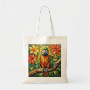 Pretty Colourful Impasto Parrot and Tropical Flowe Tote Bag