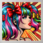 Pretty Colourful Pop Art Comic Girl Poster<br><div class="desc">Beautiful lady with pigtails and colourful blue and pink hair,  red lipstic,  long eyelashes pop art comic style ai art.</div>