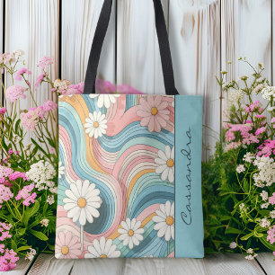 Pretty Colourful Retro Daisy Flower Power Name Tote Bag