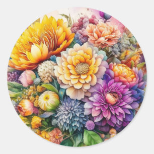 Pretty Colourful Watercolor Ai Art Flowers  Classic Round Sticker