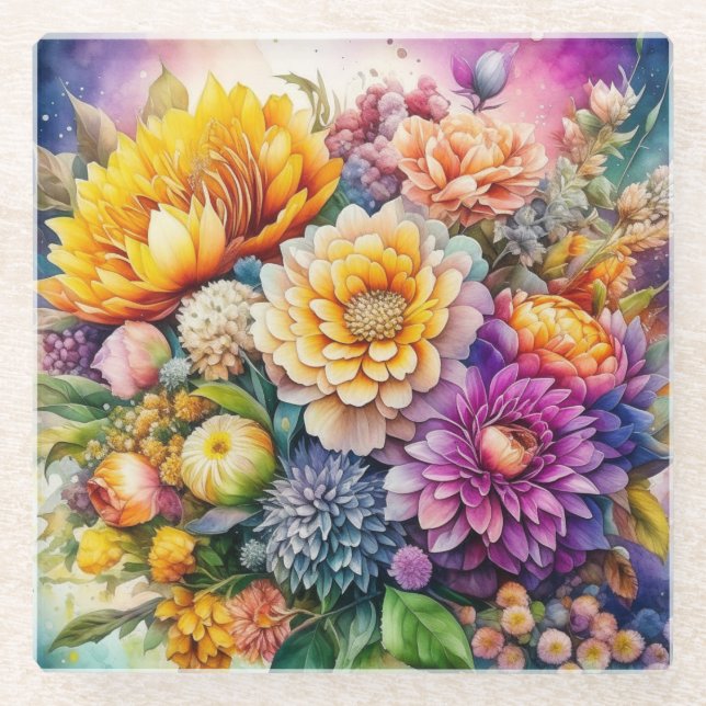 Pretty Colourful Watercolor Ai Art Flowers  Glass Coaster (Front)