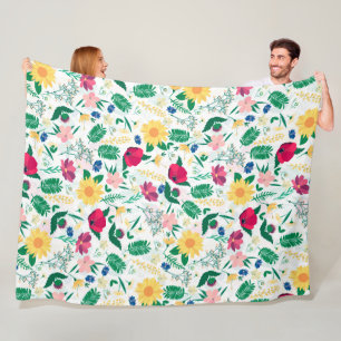 Pretty Colourful Wild Floral White Design Fleece Blanket