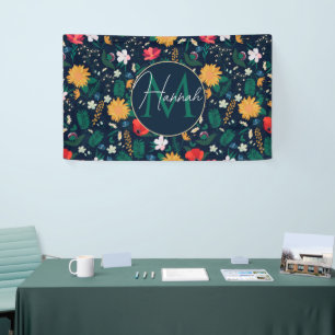 Pretty Colourful Wild Flowers Navy Blue Design Banner